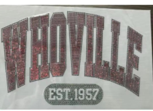 Whoville EST. 1957 Spangle Transfer | Holiday Sparkle Heat Transfer | Ready to Press Christmas Shirt Design CK