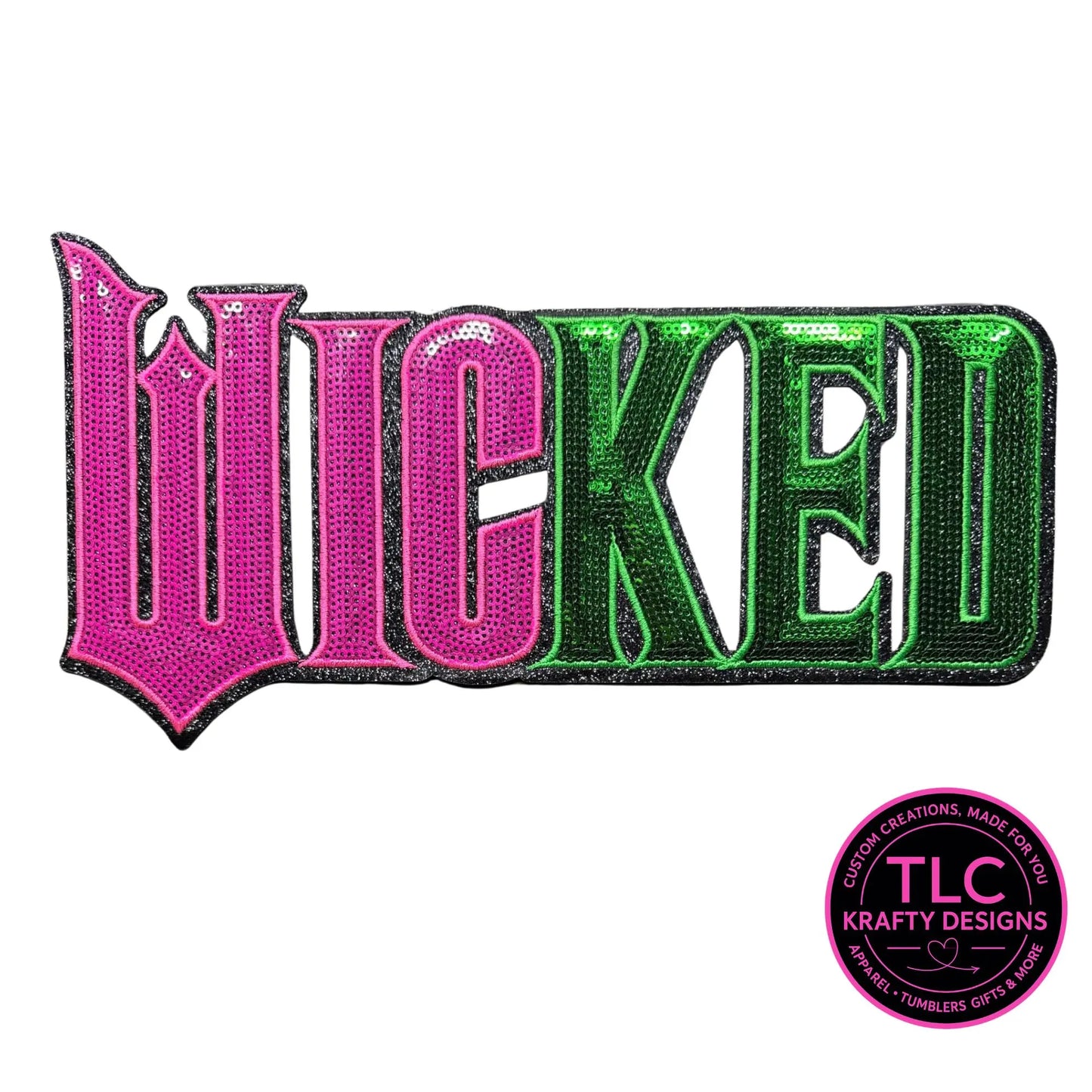 XL WICKED Sequin Patch Color Filled Design – Hot Pink and Green Sparkly Iron-On / Sew-On Applique CK