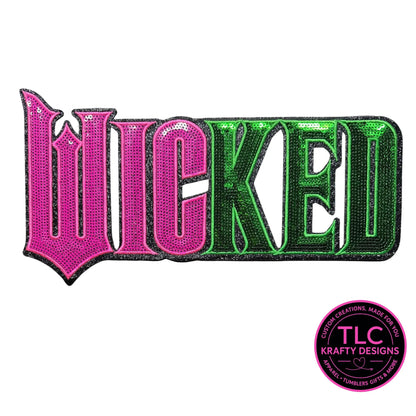 XL WICKED Sequin Patch Color Filled Design – Hot Pink and Green Sparkly Iron-On / Sew-On Applique CK