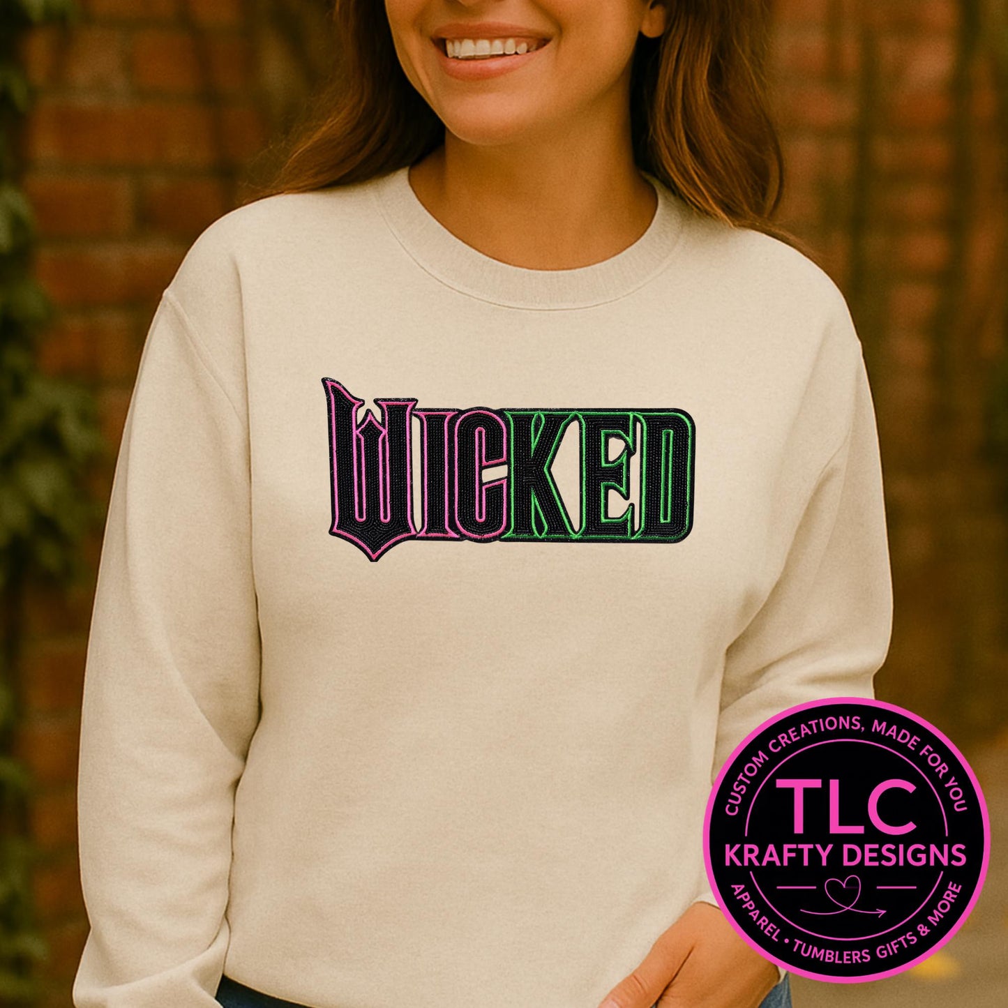 Wicked Chenille Patch Sweatshirt – Pink & Green Musical-Inspired Crewneck