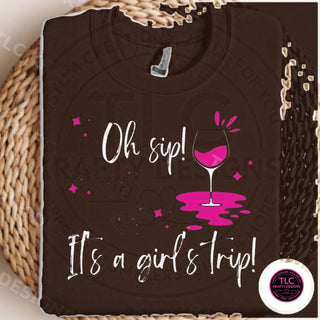 Oh Sip It's A Girl's Trip design mockup on dark chocolate brown sweatshirt
