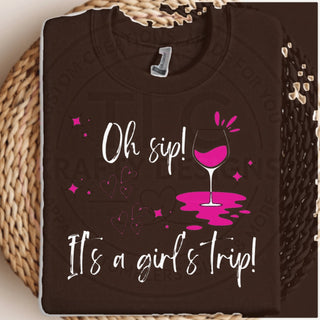 Oh Sip It's A Girl's Trip design mockup on dark chocolate brown sweatshirt