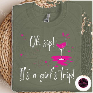 Oh Sip It's A Girl's Trip design mockup on heathered military green sweatshirt