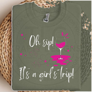 Oh Sip It's A Girl's Trip design mockup on heathered military green sweatshirt
