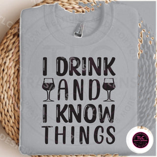 I Drink And I Know Things design mockup on gravel gray sweatshirt