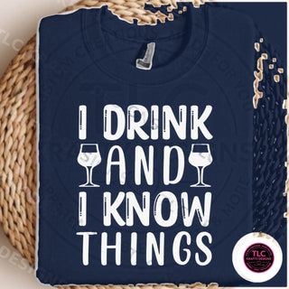 I Drink And I Know Things design mockup on navy sweatshirt